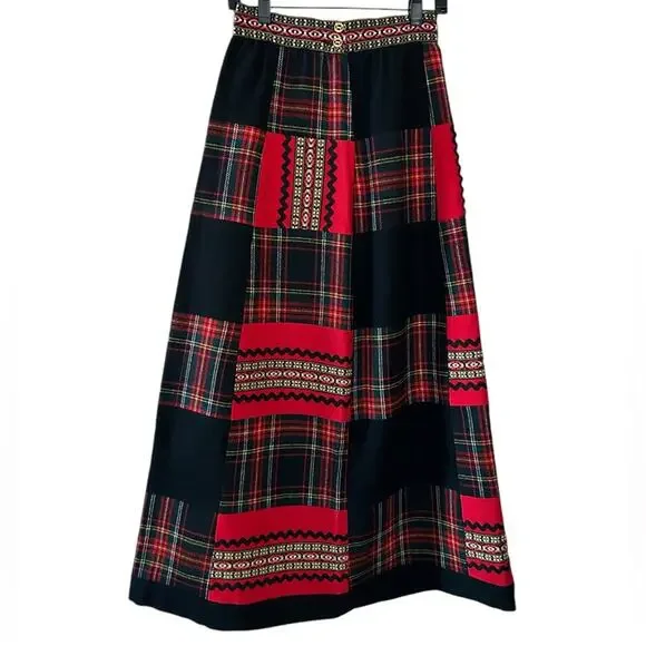 Vintage 70s Handmade Maxi Skirt 26 Patchwork Wool Plaid Cottagecore Red Black - Picture 1 of 10
